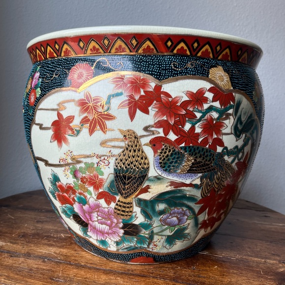 Vintage Chinoiserie Large Porcelain Koi Fish Planter Bowl Cachepot - Picture 3 of 12
